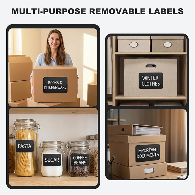 100 Pcs Labels for Storage Bins, 6 x 4 inch Black Large Label Stickers with 1 Liquid Chalk Marker Removable Labels Adhesive Chalkboard Labels Tear Resistant No Residue for School Business Home