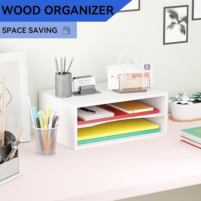 GDINDINFAN Wood Desktop Letter Tray File Organizer, Paper Storage Mail Sorter with Adjustable Drawer Boards for Home and Office, White