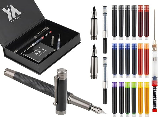 YICMY Fancy Fountain Pen Set – Fine & Medium Nibs, Includes 18 Ink Cartridges, Ink Converter, Syringe Filler, Luxury Gift for Writing, Journaling & Calligraphy，Black