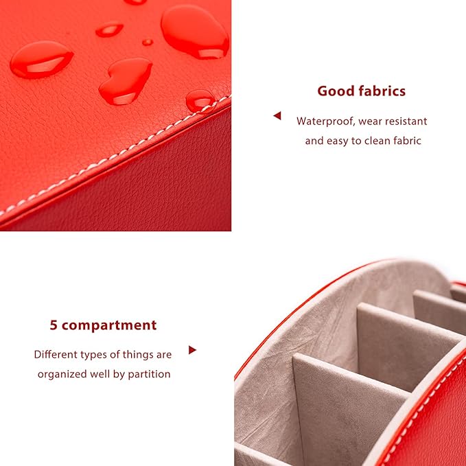 BONNY DODO Remote Control Holders Organizer Box with 5 Compartment PU Leather Multi-functional Office Desk Storage Caddy Store Tv Remote for Media Player,Brush,Pencil,Glassees&Office Supplies (Red)
