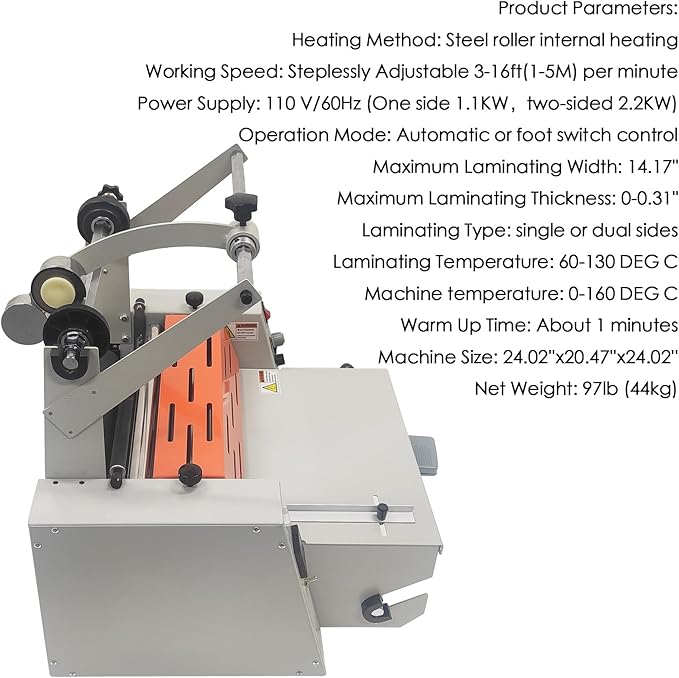 WYDDDARY 14.17"/360MM Electric Steel Roller Thermal Laminator with Toothing Cutter Hot Cold Roll Laminator Adjustable Temp 60-130℃ Electric Laminating Machine for Single/Double Sided Laminating
