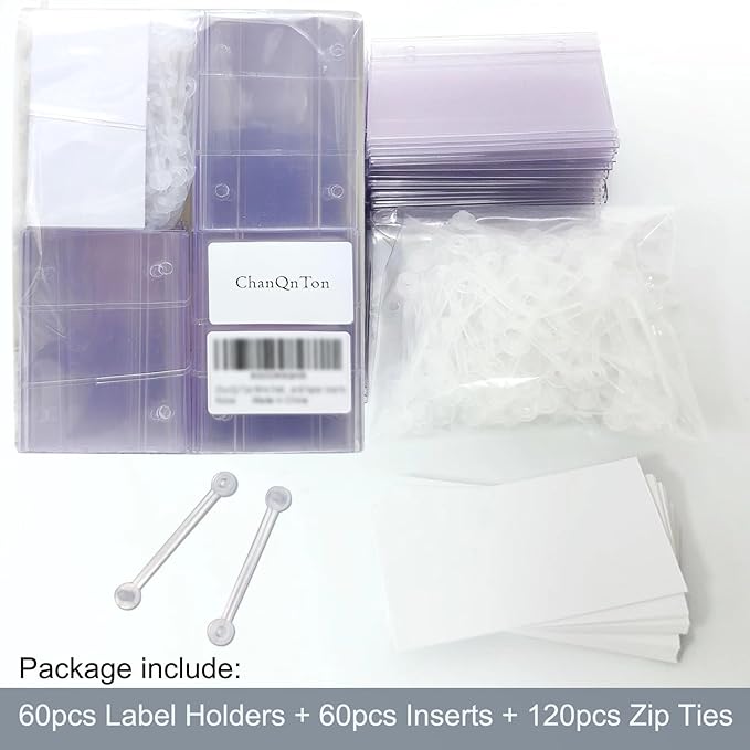 ChanQnTon Plastic Shelf Labels, 60pcs Label Holders with 120pcs Snap Lock Hanging Loops and 60pcs Matched Paper Inserts for Wire Basket,Price Tags,Shelf Tags for Wire Shelving 3.15x1.57inch
