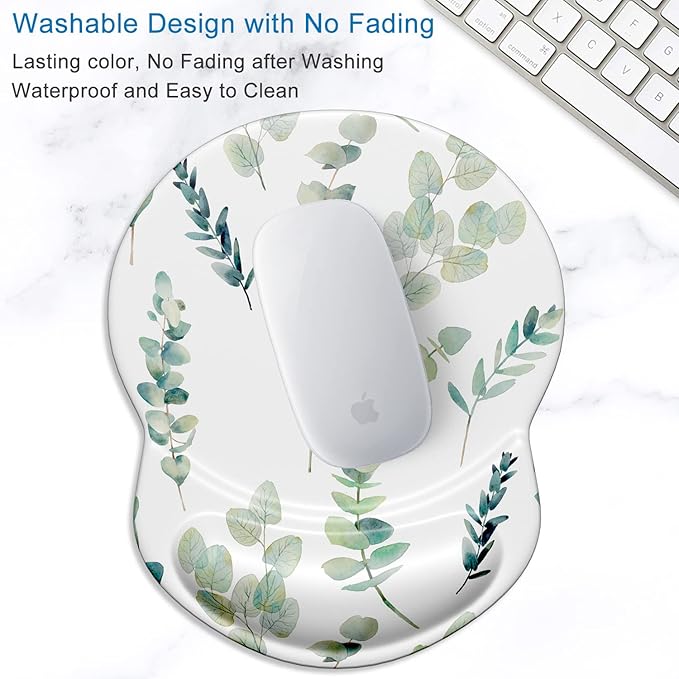 ITNRSIIET Ergonomic Mouse Pad with Gel Wrist Support Small Wrist Rest Smooth Surface Non-Slip PU Base Comfortable Office Supplies Pain Relief, 8.7 x 7.2 inches, Eucalyptus Branches