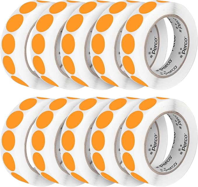 Perco Fluorescent Orange 1-Inch Perforated Circle Dot Sticker Labels—10 Rolls, 10,000 Round Stickers — with Permanent Adhesive for Inventory Management, Color Coding, Garage Sales, Crafts—Made in USA