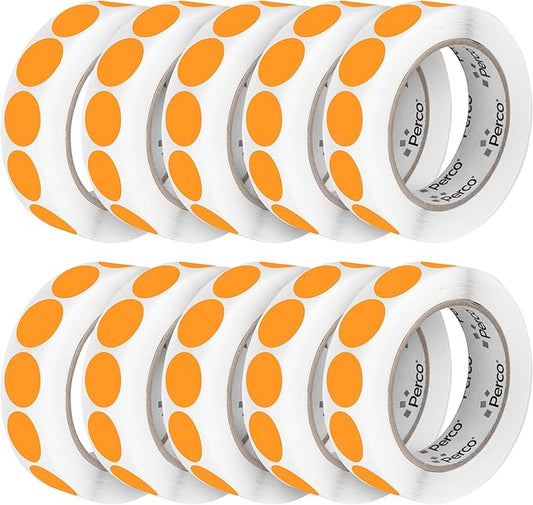 Perco Fluorescent Orange 1-Inch Perforated Circle Dot Sticker Labels—10 Rolls, 10,000 Round Stickers — with Permanent Adhesive for Inventory Management, Color Coding, Garage Sales, Crafts—Made in USA