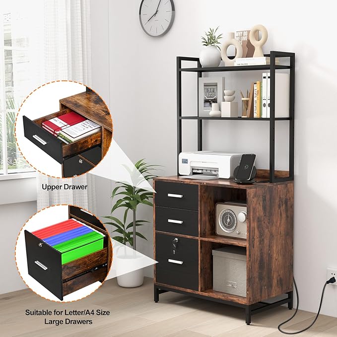 Livofloral Filing Cabinet with Charging Station, Files Cabinet with Shelves, 3 Drawer Office Organization, Printer Stand with Storage Shelves for Home Office, Lockable File Cabinets for Letters, Brown