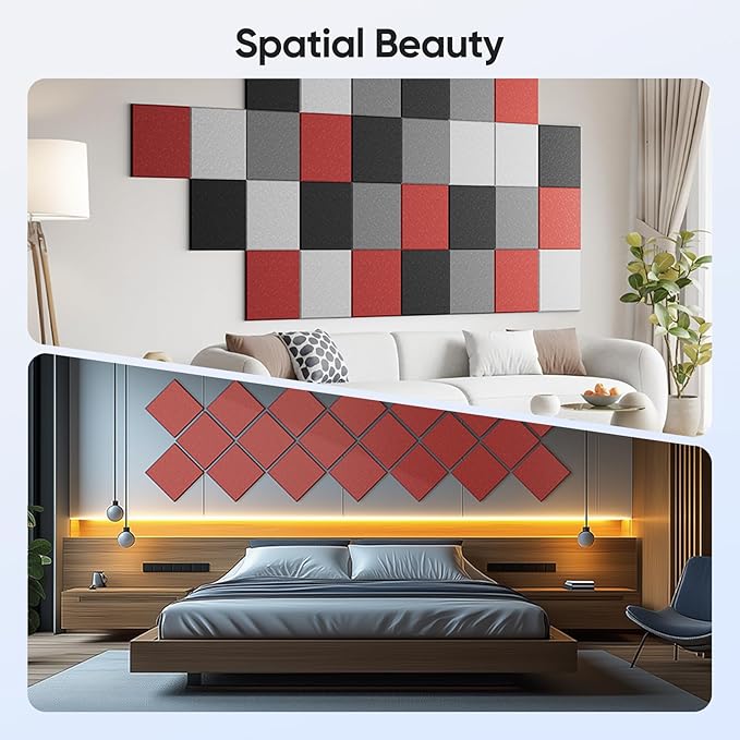 UNECHO 12 Pack 12" X 12" X 0.4" Acoustic Panels for Wall Sound Absorbing, Square Self-Adhesive Sound Panel, High Density Suitable for Multiple Scenarios(Cherry Red)