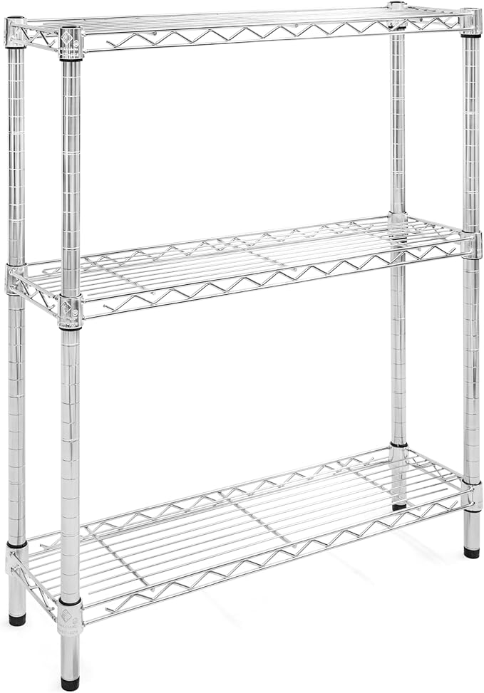Shelving Inc. 8"d x 30"w x 34"h Chrome Wire Shelving with 3 Tier Shelves, Weight Capacity 800lbs, Evenly Distributed