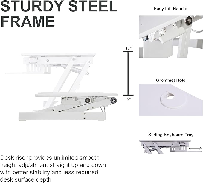 Rocelco 37.5" Height Adjustable Standing Desk Converter with Dual Monitor Mount and Slide Out Retractable Keyboard Tray - Sit Stand Up Double Screen Tabletop Riser Workstation - White (R DADRW-DM2)