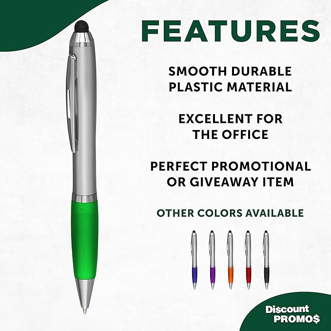 DISCOUNT PROMOS Stylus Ballpoint Pens Set of 10, Bulk Pack - Black Ink, Great for Office, School, Business, Tradeshows, Events - Green