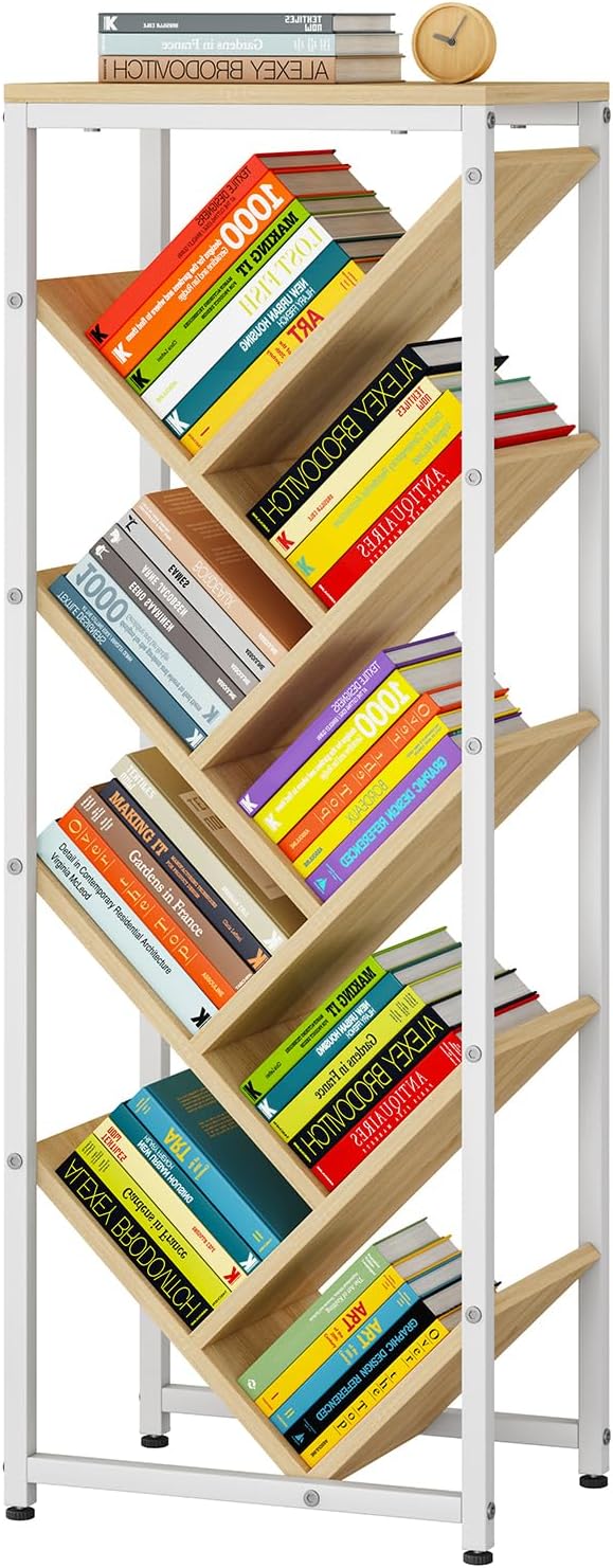 IBUYKE 9 Tier Tree Bookshelf, Floor Standing Wood Bookshelf for Narrow Space, Storage Organizer Bookcase for Books/CDs/Movies, Small Corner Bookcase for Bedroom Living Room,Natural,TBC002N