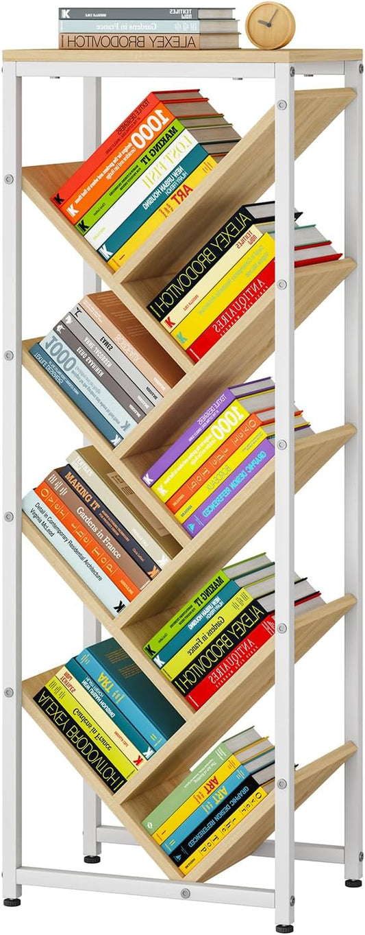 IBUYKE 9 Tier Tree Bookshelf, Floor Standing Wood Bookshelf for Narrow Space, Storage Organizer Bookcase for Books/CDs/Movies, Small Corner Bookcase for Bedroom Living Room,Natural,TBC002N