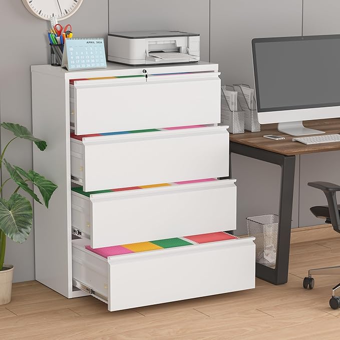 Pataku 4 Drawer File Cabinet with Lock, Metal Lateral File Cabinets for Home Office, Locking Filling Cabinets for Hanging Files Letter/Legal/F4/A4 Size(4Drawer/White)