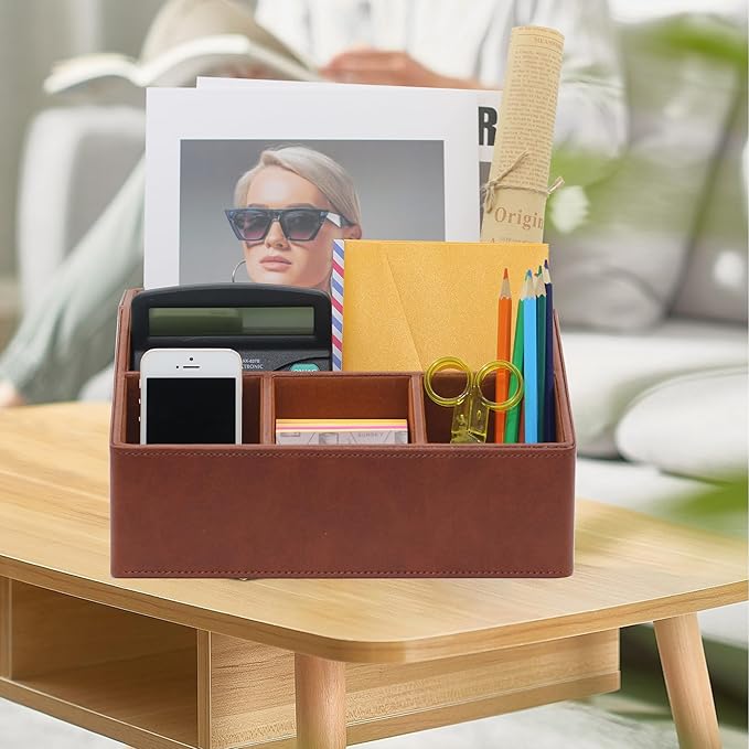 Boershun Desk Organizer, Mail Organizer Countertop, Bills Organizer, Mail Sorters, Magazine Holder, Desk Organizer and Accessories for Office Supplies, Brown Leather