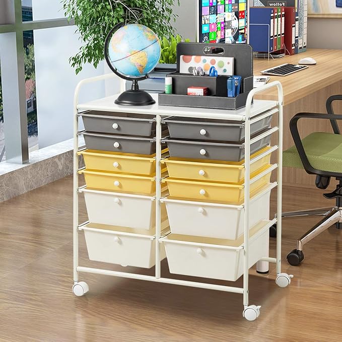 LDAILY 12 Drawer Rolling Storage Cart, Craft Cart Organizer on Wheels w/Metal Frame, Large Capacity & Smooth Drawer, Rolling Cart w/Drawers for Classroom, Office