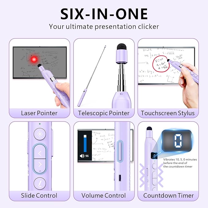 Norwii N21 Bluetooth Presentation Clicker with Telescopic Teaching Pointer, Presentation Remote with Retractable Stick for PowerPiont, Wireless Presenter, Slide Advancer - Purple