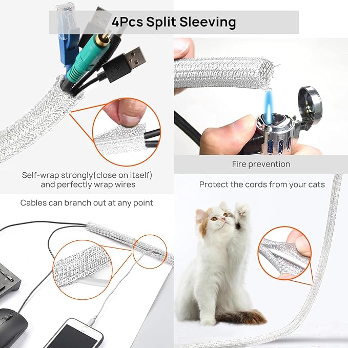 Ditar 193 PCS Cable Management Kit - 4 Cable Sleeve, 57 Self Adhesive Cable Clips, 12 Hanging Strips, 12 Cable Organizer Straps and 100 Fastening Cable Ties for TV Computer Under Desk (White)