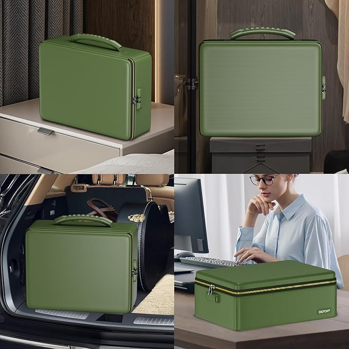 ENGPOW Fireproof Document Box, Hard Fireproof Box with Fireproof Zipper＆Lock, 6400°F Heat Insulated Fireproof Water Resistant File Organizer Storage Box Safe for Important Documents,Valuable,Green