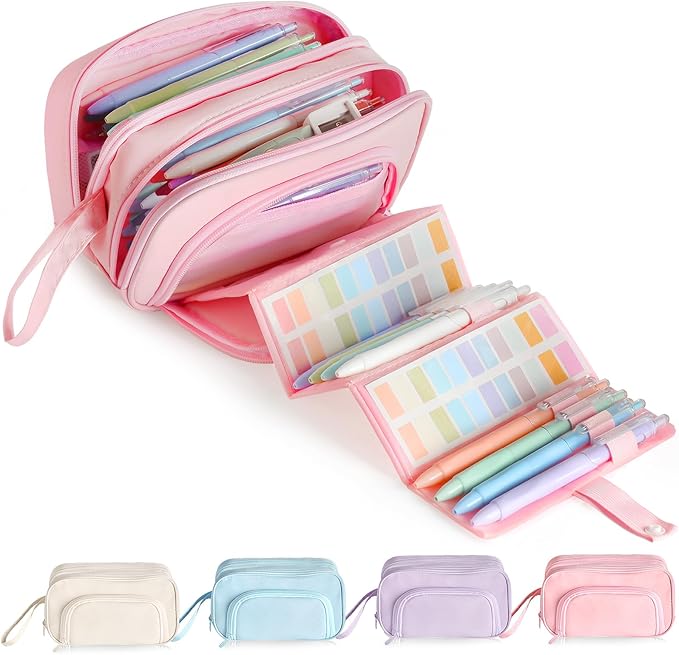 SANANT Large Capacity Pencil Case with Pull-out Structure - Multifunctional Extra Big Pencil Pouch Pen bag, Portable Stationery Organizer with Zipper, College Office School Supplies for Girls, Pink