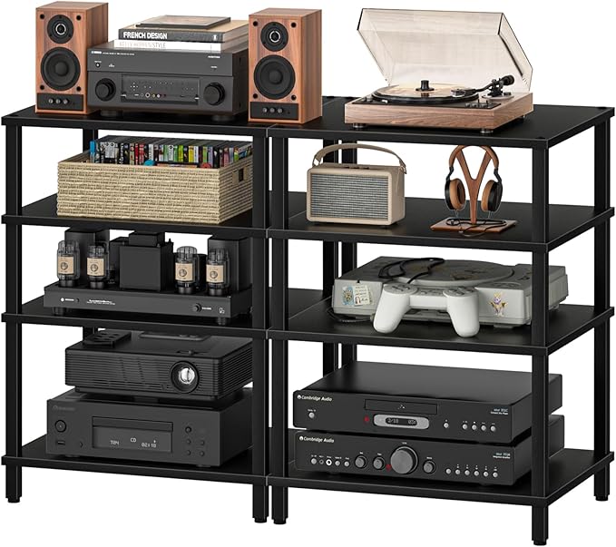 LELELINKY 4-Tier AV Media Player Stand Set of 2, Black Stereo Cabinet, Wooden TV Stand,Game Console Shelf, Multifunctional Entertainment Center, Suitable for Home, Conference Room, Game Studio