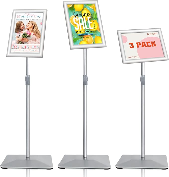 VAIIGO 8.5"x11" Pedestal Poster Stand with Heavy Duty Solid Steel Base, Adjustable Floor Standing Sign Holder for Vertical and Horizontal Display, Silver 3Pack