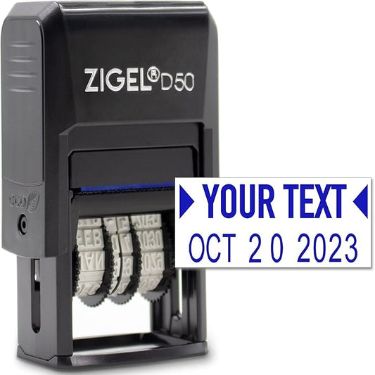 ZIGEL D50 Date Stamp with Your Custom Text - Self Inking Date Stamp - Blue