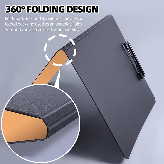 FRETONBA Clipboard Folder, A4 Foldable Clipboard with Horizontal and Vertical Double Metal Clips, 360 Degree Foldable Binder Clipboards with Pen Holder, File Cover Work Folder Clipboards, Orange