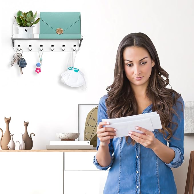 Beego Entryway Key Holder for Wall - Clear Acrylic Key Rack with Shelf Decorative Key Hanger Wall Mount Mail Organizer with 6 Key Hooks for Office Hallway Kitchen Living Room Home Décor