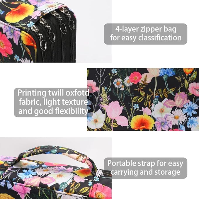 Large Capacity Black Flower Pencil Holder with Zipper Closure Twill Fabric Pencil Case for 300 Colored Pencils or 200 Gel Pens