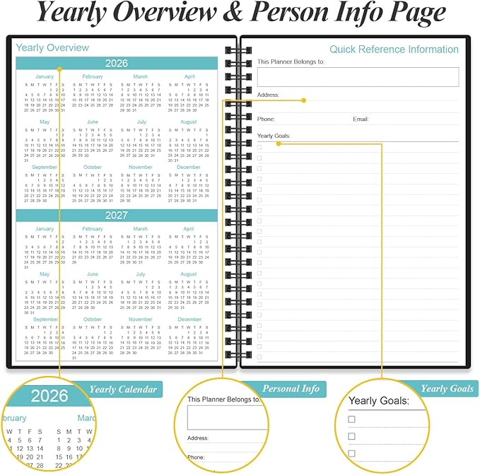 2026-2027 Planner - 18 Months Weekly & Monthly Planner from January 2026 - June 2027, Spiral Planners 2026-2027 with Elastic Closure, Inner Pocket, Medium 5.8" x 8.3", Black