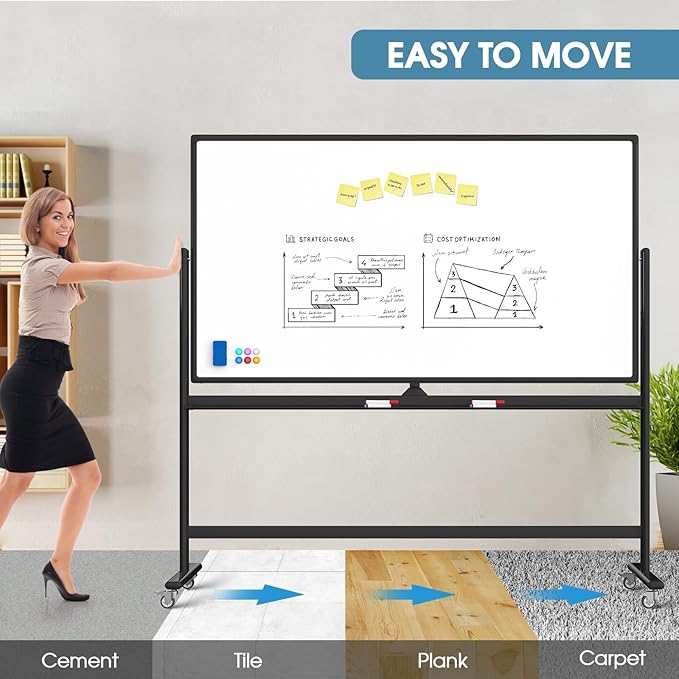 MaxGear Large Rolling Whiteboard with Stand, 72" x 40" Double-Sided Magnetic Dry Erase Board on Wheels, Reversible Standing Whiteboard Easel with Aluminium Frame for Classroom, Office, School, Black