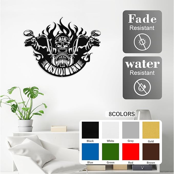 Custom Motorcycle Skull Metal Sign Personalized Biker Name Sign Custom Garage Decor Motorbikes Wall Art Decor Motorcycle Sign Men Room Decor Gifts for Men Husband Rider