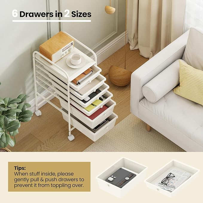 RELAX4LIFE 6-Drawer Rolling Storage Cart - Classroom Organization on Wheels w/Removable Plastic Drawers, Mobile Art Craft Cart for School Paper Home Office, Utility Cart with Drawers (White)