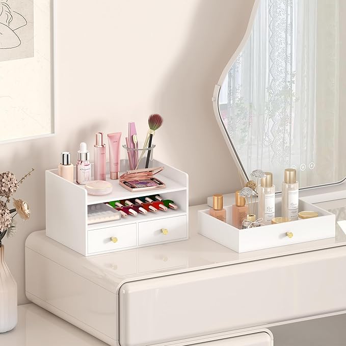 Bamboo Desk Organizer with Drawers Wooden Desktop Storage Drawers for Bills Office Supplies Kitchen Utensils Organizing Tool for Home Classroom Organization No Assembly (2 Drawers, White)