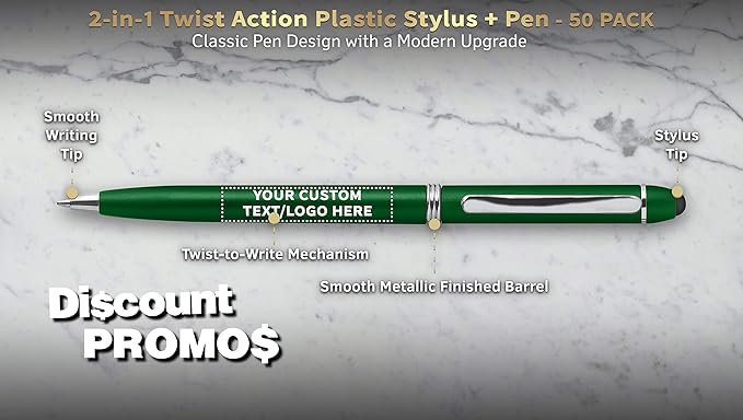 DISCOUNT PROMOS Custom Twist Action Plastic Stylus Pens, Set of 50, Personalized Bulk Pack - Pens for Work, Cool Pens for Writing, Black Ink - Green
