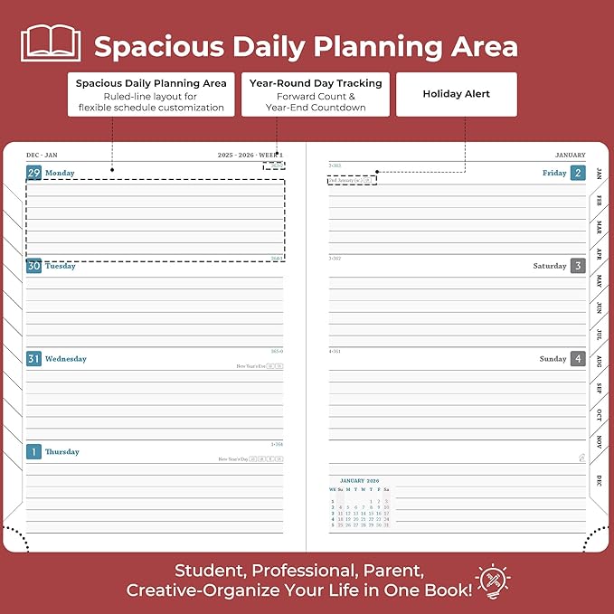 IN-LUXPRO Planner 2026 Daily Weekly and Monthly,8.5"x6.5",12 Months Spiral Bound Calendar Agenda with Self-adhesive Pen Holder,2026 Appointment Book with Vegan Leather Soft Cover,Red