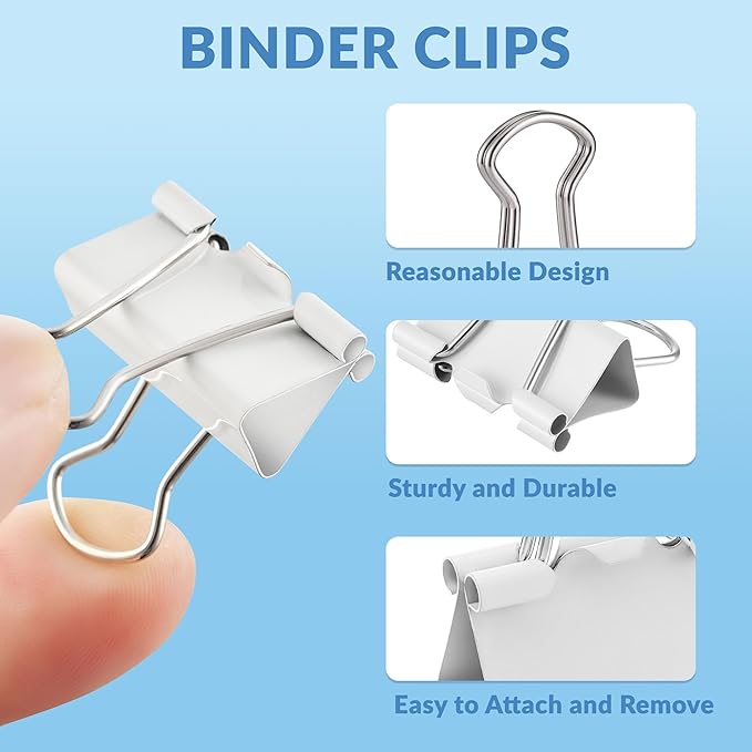 NEEWAY 100 Count Binder Clips Assorted Sizes, Paper Binder Clips (0.6inch 0.75inch 1inch), Metal Paper Clamps for Office and Home (White)