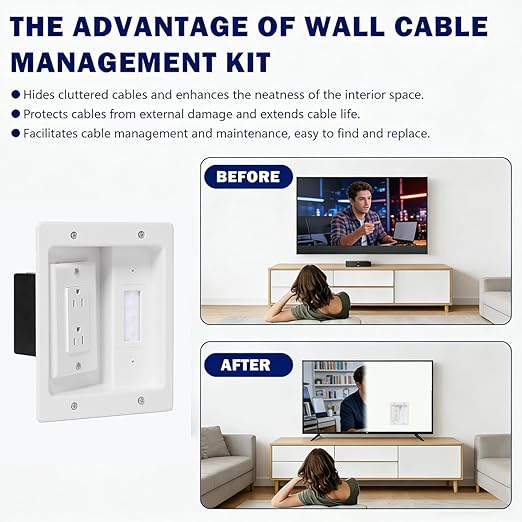 Wall Cable Concealer Management Kit, Recessed Outlet Behind TV for Wall Mount TV with Cable Management Box, in Wall TV Connection Kit Hides Power Cables & Low Voltage Wires Fits All Plugs (NO Wire)