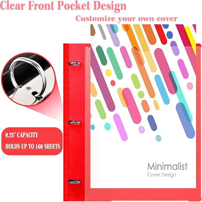 INFUN Telescoping 3 Ring Binder - 12 PCS, Flexible Round Binder with Customizable Front Cover and Clear Catalog Pocket, Holds 8.5x11 inch Paper- Green, Red, Orange, Blue