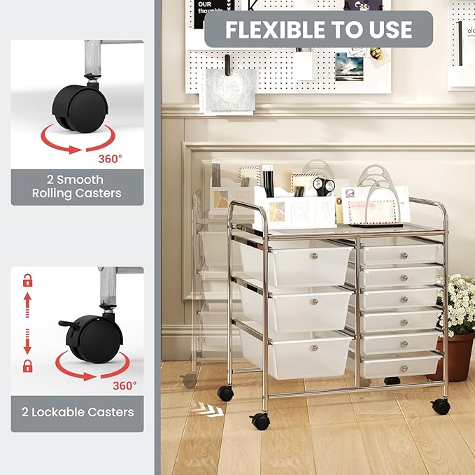 GOFLAME 9-Drawer Rolling Storage Cart, Mobile Utility Cart with Removable Drawers & Metal Frame, Art Craft Organizer Cart with Lockable Wheels, Storage Drawer Cart for Home Office, School, Clear