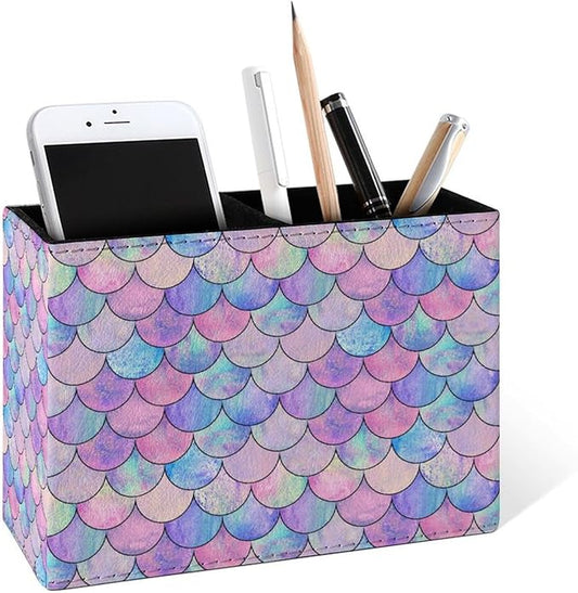 Famame Pastel Mermaid Scale Pencil Holder for Desk, Leather Desktop Container Pen Cup Storage Study Table Pen Organizer Makeup Brushes Holder for Office Home
