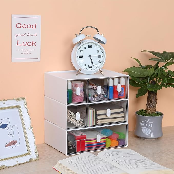 OSteed Desktop Drawers, Desk Organizer with 2 Drawers & Upright Handles, Stackable Plastic Storage Box for Home Collection, Cosmetics, Office Supplies (Tall Layer, White & Clear)