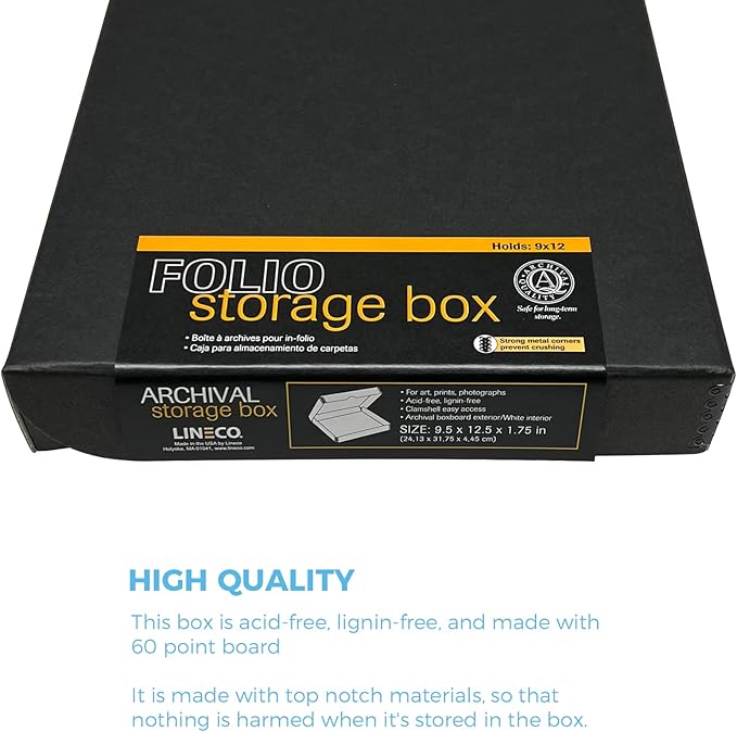 Lineco 9x12 Black Clamshell Archival Folio Storage Box, Acid-Free with Metal Edge. Preserves Photos Longevity, Organize Documents, Crafts. (Pack of 2)