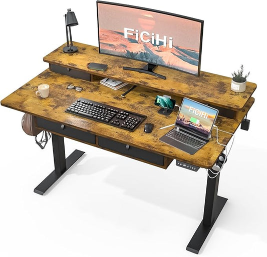FiCiHi Adjustable Height Standing Desk with 4 Drawers,55 x 30 inches Electric Sit Stand Home Office Desk with Two Tiers, 3 Memory Presets, Monitor Stand Riser, USB A/C Charging Port