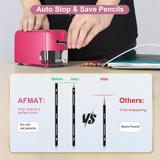 AFMAT Electric Pencil Sharpener, Cordless & Rechargeable, Heavy Duty Classroom Pencil Sharpeners for 6-11 mm Pencils, Auto Stop, 2s Fast Sharpening, Battery Powered, 10,000 Sharpenings, Pink, PSD3