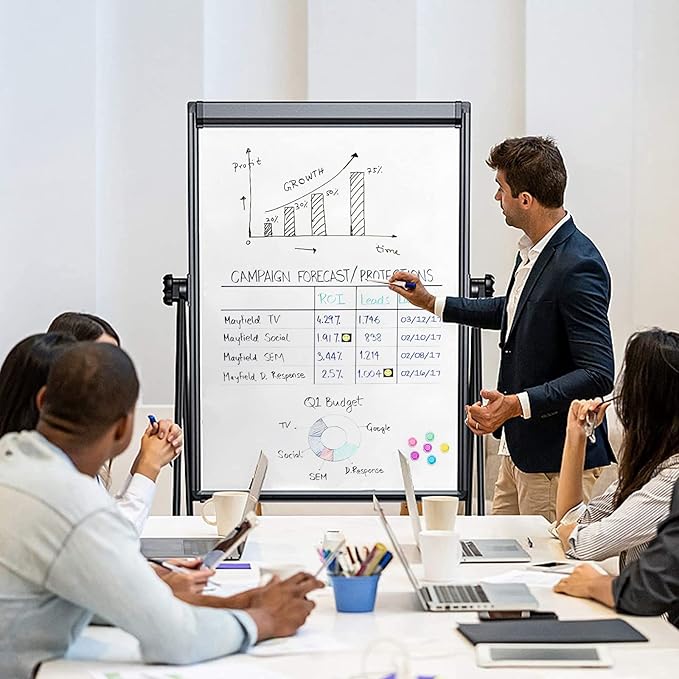 Stand White Board Magnetic 40 x 28 inches Dry Erase Board Double Sided Height Adjustable Flip Chart Easel with Flipchart Hooks for Teaching Presentation Meeting, Black