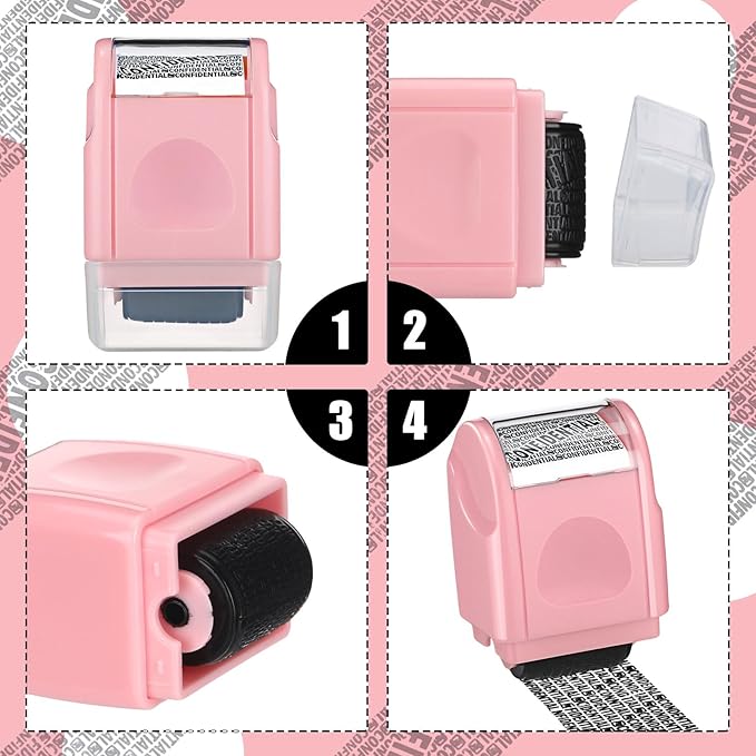 Nezyo 2 Pack Identity Protection Roller Stamp Identity Theft, Confidential, Privacy Roller Stamp Information Blocker and 4 Pack Refill Ink for ID Account Data Address Security (Pink)