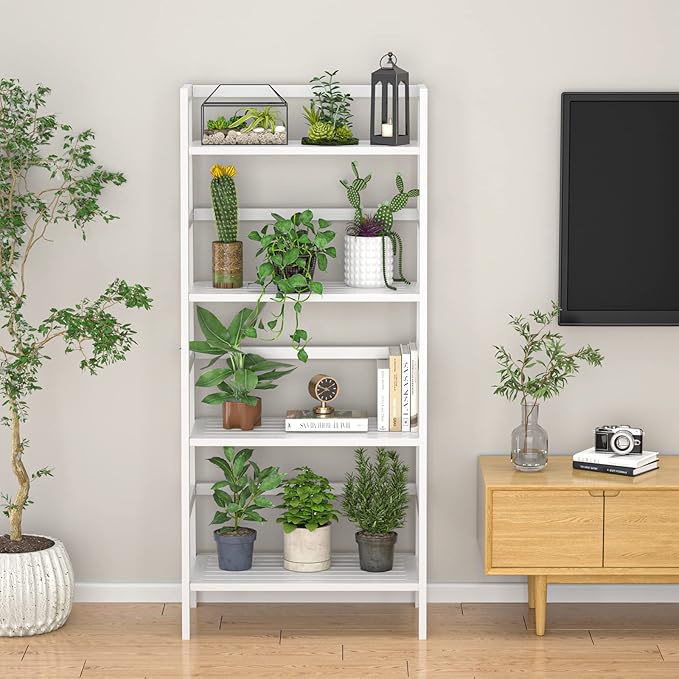 Homykic Ladder Shelf, 4-Tier Bamboo Ladder Bookshelf, 49.2” White Book Shelf, Open Bookcase Freestanding Plant Stand for Small Space, Bathroom, Living Room, Bedroom, Home Office