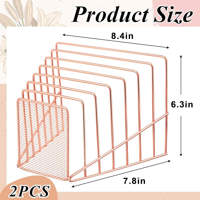 2 Pcs 7 Section Incline File Sorter Metal Wire Mesh File Rack for Desktop Letter Sorter for Magazine Folder Book Organizer Home Office School Paper Mail Desk Storage Holder (Rose Gold)