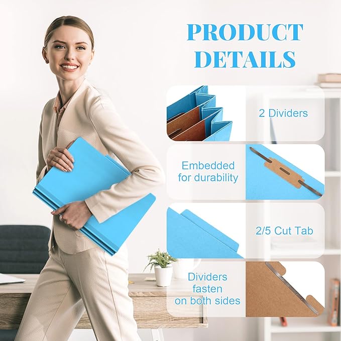 Skyygemm 36 Pcs Classification Folders Letter Size, 2 Divider Pressboard File Folders with 3. 5 Inch Expansion, 2 Prongs Fastener, Heavy Duty Office File Organizers for Teachers, Medical (Blue)